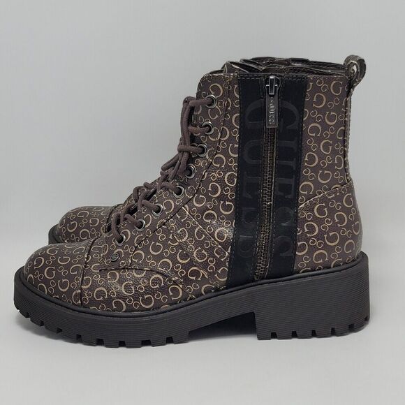 Guess Los Angeles Womens Brown Logo Ankle Combat Lace Up Boots Side Zip Sz 8.5M - Picture 5 of 12